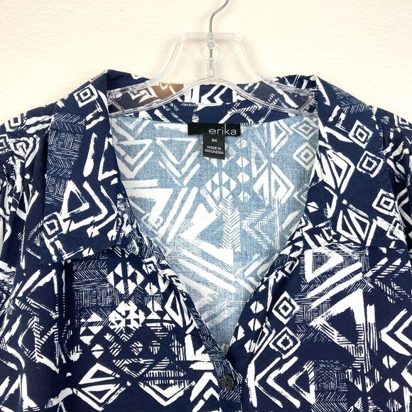 Erika NWT Womens Button Front Shirt Size 3X Blue White Geometric Shoulder Detail - Picture 2 of 10
